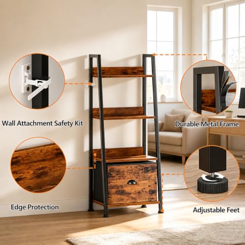 4-Tier Industrial Ladder Bookshelf with Removable Fabric Storage Drawer