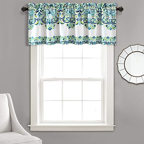 Lush Decor Clara Valance Paisley Damask Print Bohemian Style Single Curtain, Valance, Blue & Green