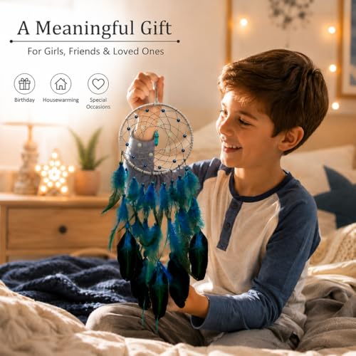 Luminous Blue Dream Catcher with Gemstone, 18-Inch Handmade Wall Decor