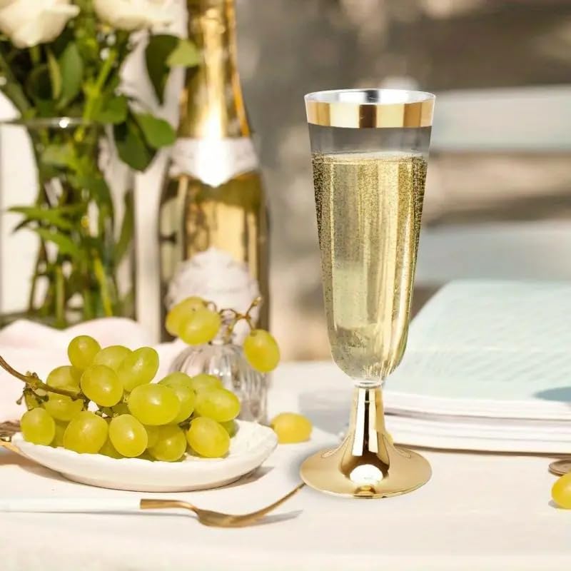 CYUU 100 Pack Gold Rim Disposable Champagne Flutes 5.5oz for Weddings & Parties