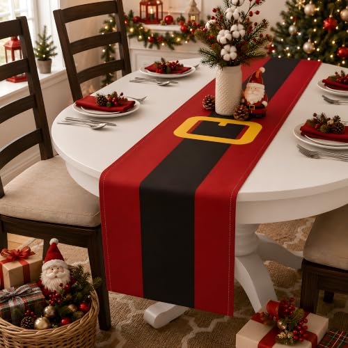 OHOME Christmas Belt Strap Santa Table Runner - Fun Holiday Decor, Red & Black, 73x13.8 inches