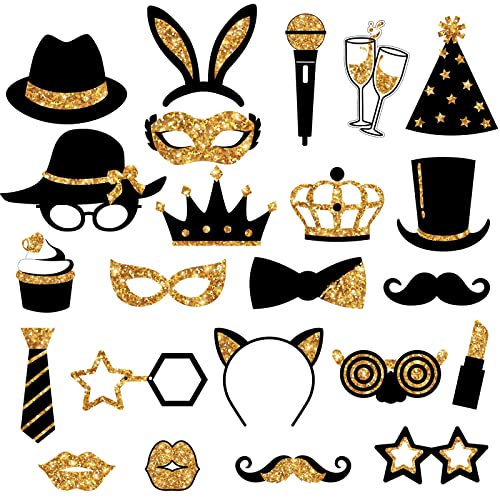24-Piece Photo Booth Props Set - Black and Gold Party Accessories