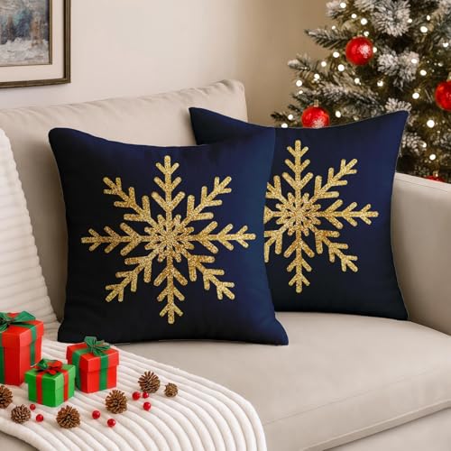 Blue Snowflake Gold Throw Pillow Covers Set of 2, 18x18 Inches - Emvency