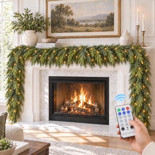 AUMERUNE 9FT Christmas Garland with Lights - Realistic Cedar, Full & Lush, Remote Control Modes
