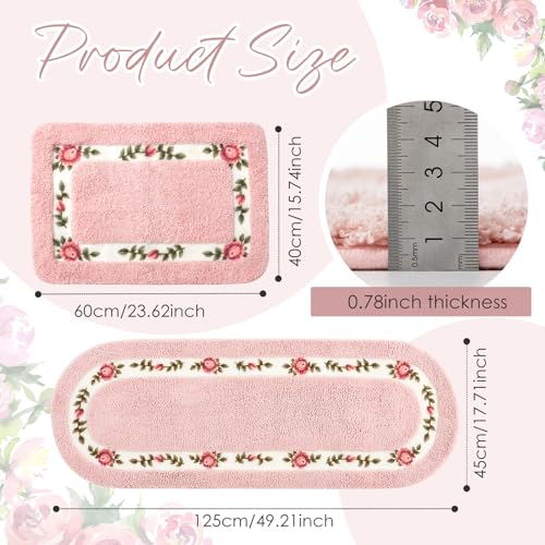 2-Piece Pink Rose Flower Bathroom Rug Set, Non-Slip Absorbent Floral Mats