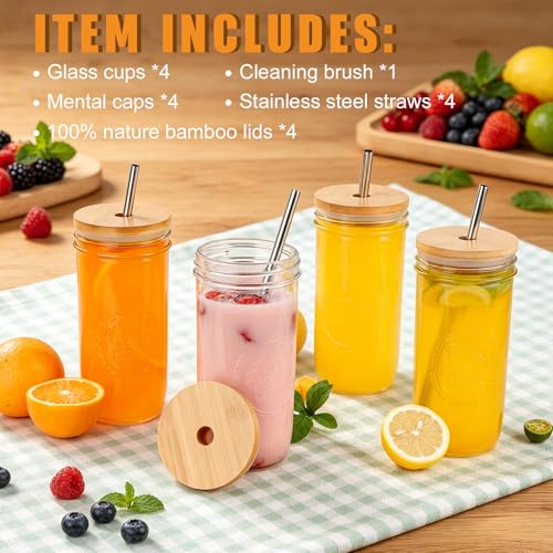 24 oz Glass Mason Jar Tumblers with Lids and Straws - 4 Pack Embossed Mugs