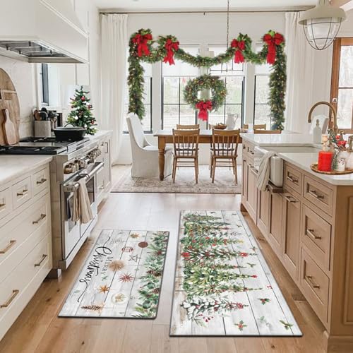Twyt Decor Christmas Tree Holly Kitchen Rugs Set of 2 - 17x47 & 17x30 Non-Slip, Wood Grain Winter Decor (Variation: Christmas Tree)