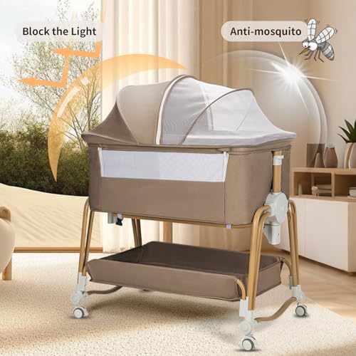 4-in-1 Portable Baby Bassinet Bedside Sleeper with Wheels & Storage - Khaki
