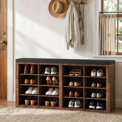 16-Cube Shoe Storage Bench with Washable Cushion, Entryway Shoe Organizer