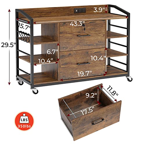 44-Inch Rolling File Cabinet with Lock, Power Strip, and Storage Shelves