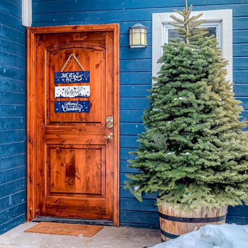 Blue Christmas Wall Hanging Decor Rustic Wooden Ornaments Set - Let It Snow, Merry Christmas, Happy Holidays Sign