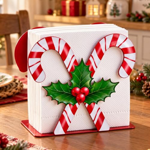 Christmas Candy Cane Napkin Holder - Rustic Red Metal Stand for Holiday Tables & Parties (Candy Canes)
