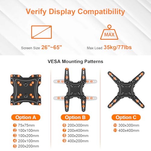 Full Motion TV Wall Mount for 26-65 Inch Screens, Articulating Swivel Bracket