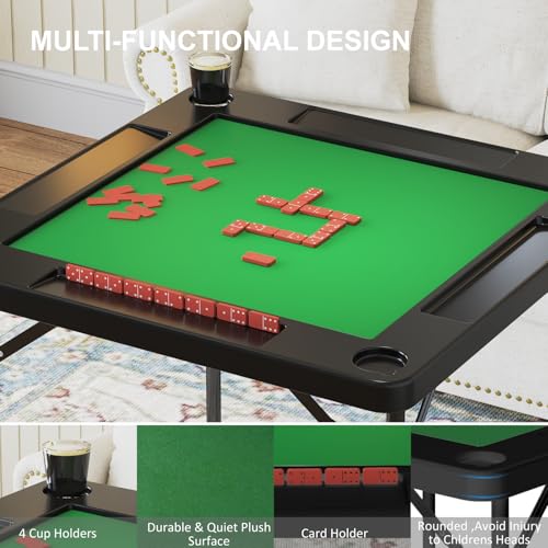 35.4-Inch Folding Mahjong Table with Green Felt, Cup Holders & Chip Trays