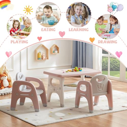 Kids Activity Table and 2 Chairs Set with Storage, Pink Toddler Furniture