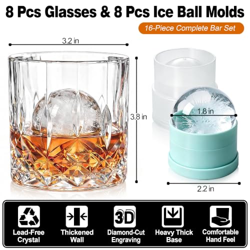 QUMMFA Whiskey Glass Set with Ice Ball Molds - 16 pcs, 11 oz Old Fashioned Glasses for Bourbon & Scotch, Gift Box