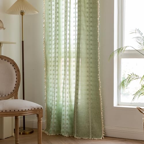 BCLBUSTE Sage Green 52x84in Boho Linen Curtain Panels (2) – Semi-Sheer Light Filtering