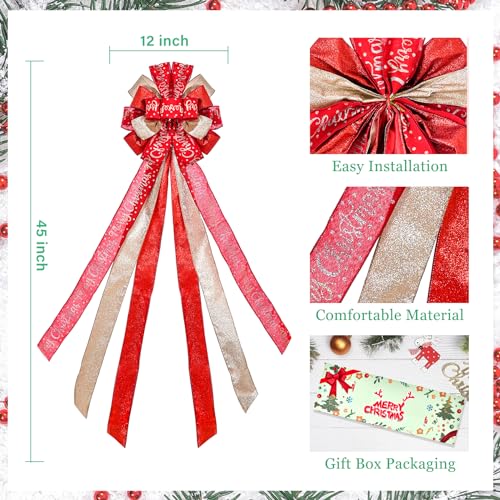 Large Red Christmas Tree Topper Bow - 45x12 Inch Wired Holiday Wreath Bow