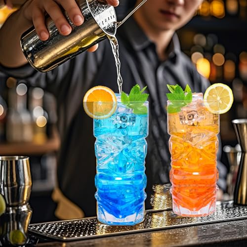 PYVYLO 15oz Set of 6 Tiki Glasses - Clear Glass Cocktail Cups with Tiki Face Design