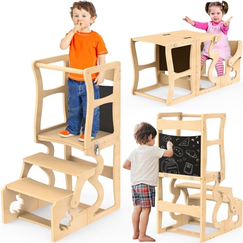 3-in-1 Foldable Toddler Kitchen Helper Stool with Chalkboard & Safety Rail