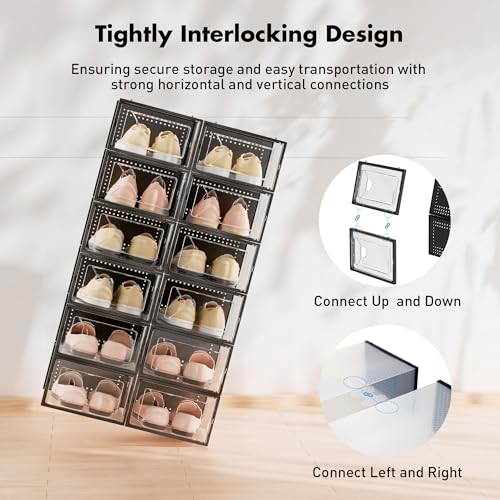 15 Pack Clear Stackable Shoe Storage Boxes - Interlocking Plastic Organizers