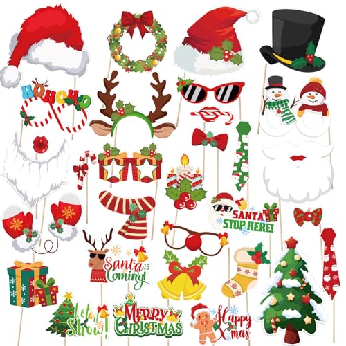 Pedel 31Pcs Christmas Photo Booth Props Kit for Xmas Holiday Party - Includes Wooden Sticks & Glue Dots