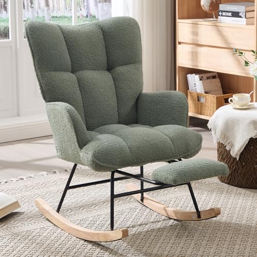Teddy Fabric Nursery Rocking Chair with Footrest and Side Pocket - Green