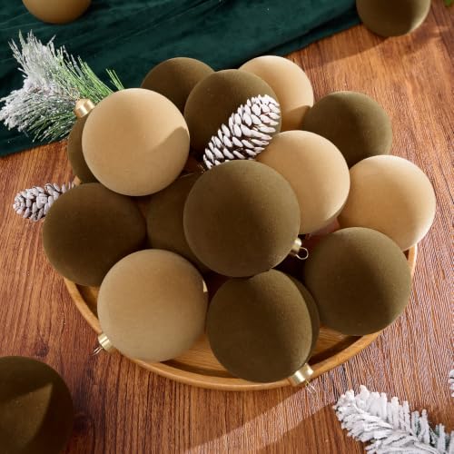 Velvet Christmas Ornaments Set - 16 Pcs, 3.15 Inch, Brown & Khaki