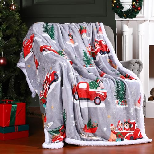 FuWeave Christmas Sherpa Throw Blanket 50 x 60 Inch with Red Truck Pattern
