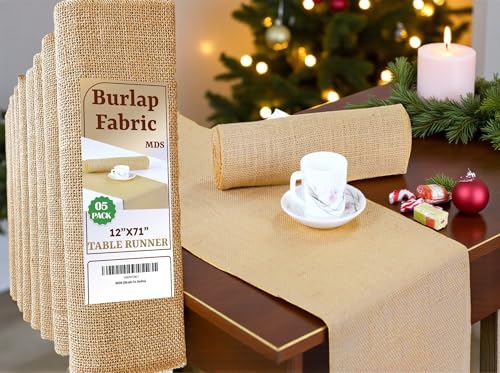 Natural Burlap Table Runners 12 x 72 Inch Pack of 5 - Rustic Farmhouse Decor