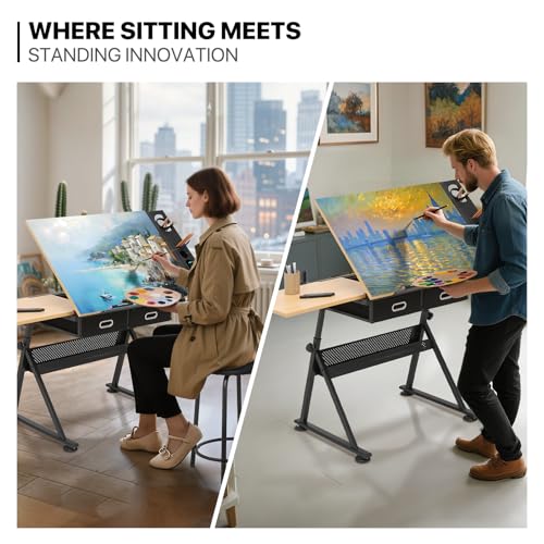 39-inch Adjustable Drafting Table and Stool Set with Storage Drawers