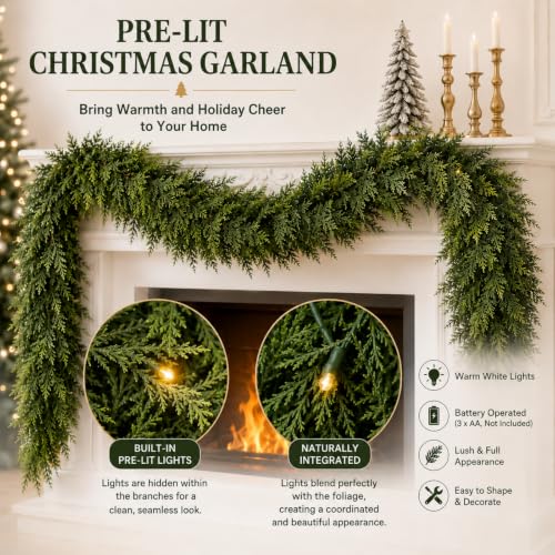 ICX 2Pcs 9.8FT Pre-Lit Cedar Garland with LEDs, Outdoor/Indoor Christmas Decor