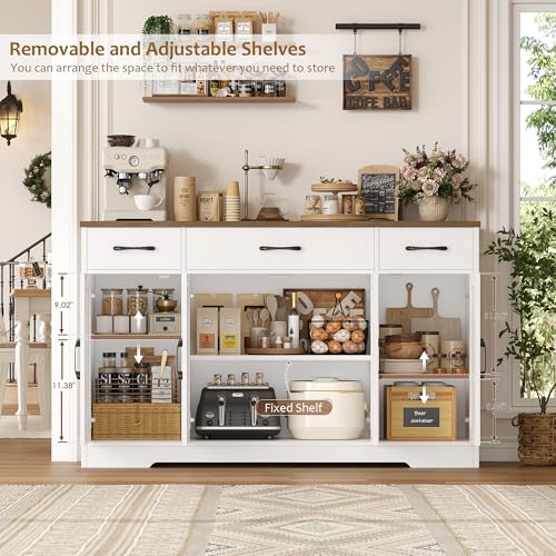 55" Farmhouse Kitchen Buffet Sideboard Cabinet with 3 Drawers & Doors