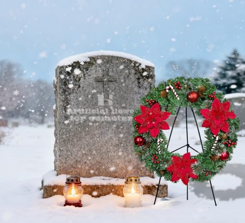 Artificial Christmas Wreath on Easel for Cemetery Grave Decoration - Weather Resistant Memorial Tribute