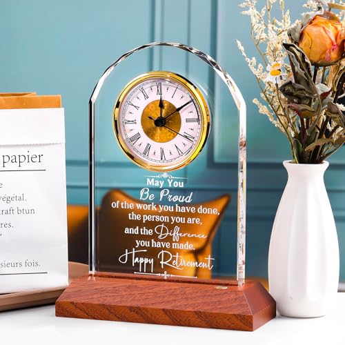 Engraved Crystal Retirement Clock with LED Wooden Light Base Gift