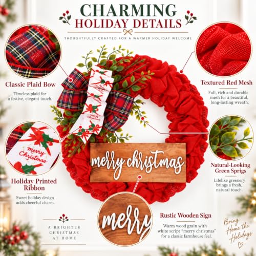 16-Inch Rustic Christmas Wreath for Front Door with Burlap & Wooden Sign