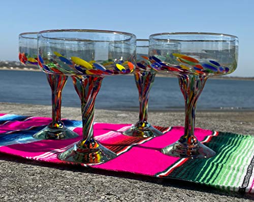 Mexican Hand Blown Margarita Glass Set of 4 - Confetti Carmen 16 oz - Handmade Eco-Friendly Glassware