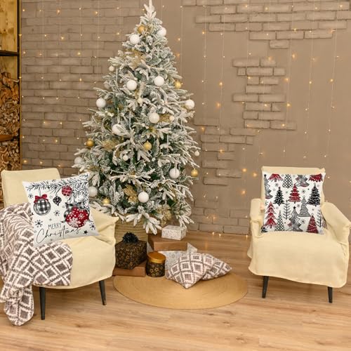 ONFAON Christmas13 Throw Pillow Covers 18x18 - 4ct Red Trees & Snowflakes