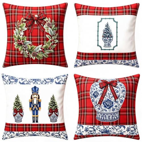 Tingjoo 18x18 Inch Christmas Pillow Covers Set - Tartan Plaid & Chinoiserie Holiday Cushions