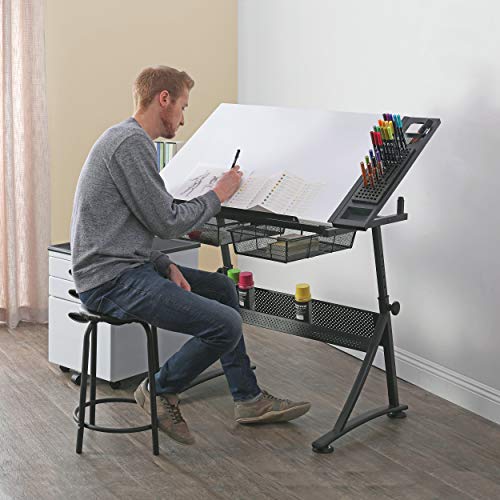 Adjustable Drafting Table and Stool Set with Tilt Top and Storage
