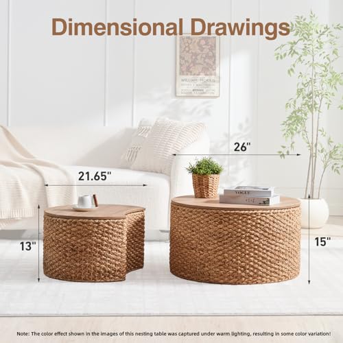 Round Wicker Nesting Coffee Table Set of 2 with Hidden Storage