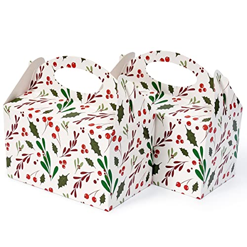 Happyhiram 25 Pack Christmas Red Holly Gable Treat Boxes with Handles – Pop-Up 6 x 3.5 x 3.5 in