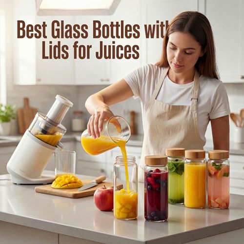 16 oz Glass Juice Bottles with Airtight Bamboo Lids - 3 Pack Reusable Jars