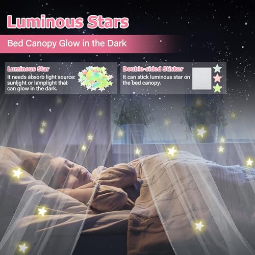 Princess Bed Canopy with LED Fairy Lights & Glow in the Dark Stars - White