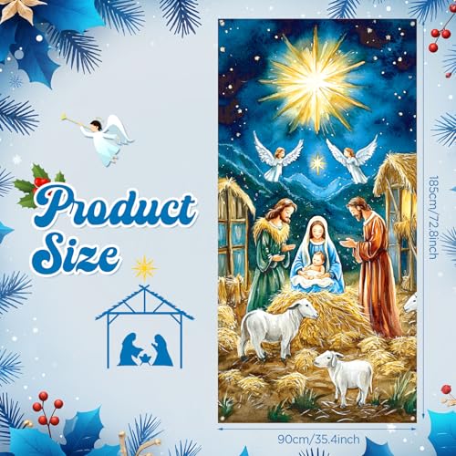 Religious Christmas Nativity Door Cover - Jesus Holy Night Scene, Blue & Gold, 70x35 inches