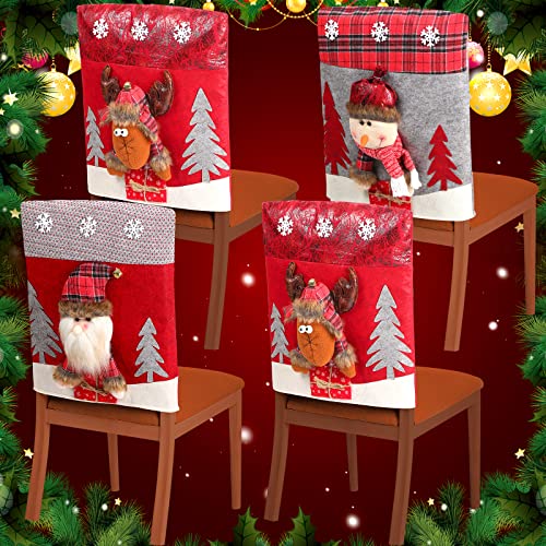 Christmas Chair Covers Set of 4 - Plush Santa Snowman Reindeer Decor