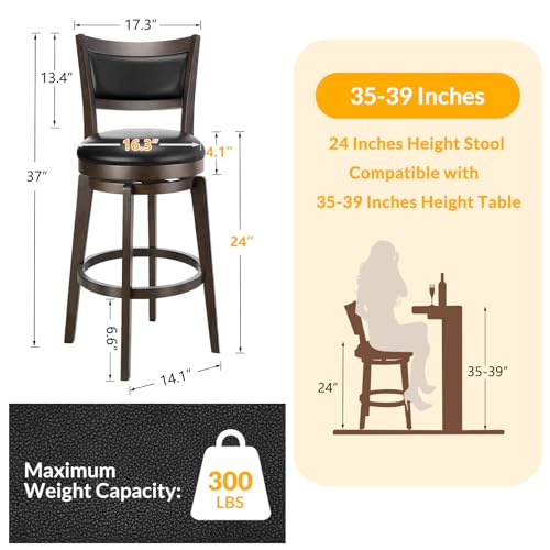 24-Inch Swivel Counter Height Bar Stools, Set of 2 - Black Faux Leather