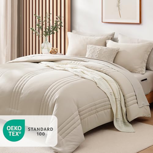 Beige 7-Piece Queen Comforter Set - Soft All-Season Bed in a Bag with Sheets