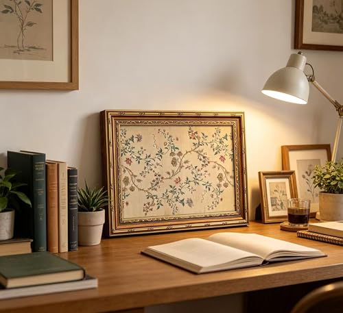 Vintage Gold Framed Floral Vine Wall Art Retro Beige Botanical Canvas 9x11