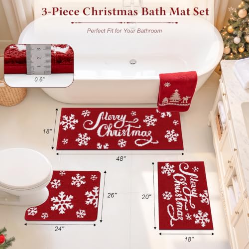 Christmas Snowflake 3-Piece Bath Rug Set with U-Shaped Mat, Non-Slip 18x26/18x48/20x24, Absorbent Soft Microfiber